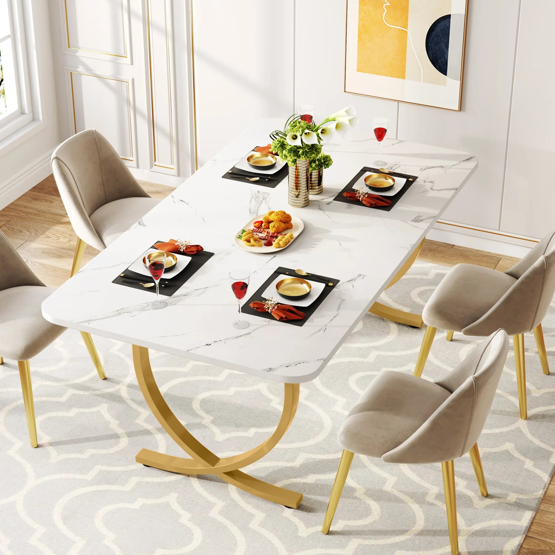 Dining Table with Faux Marble Table Top