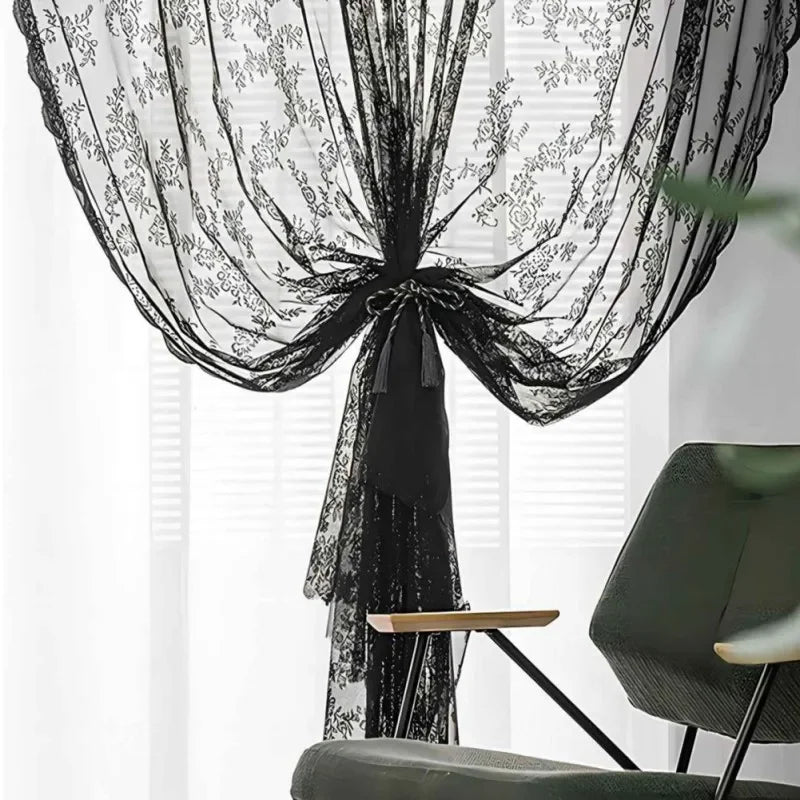 1pc Black Lace Floral Curtain