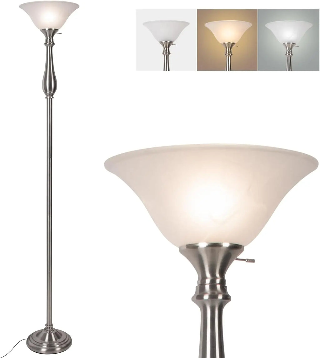 Torchiere Floor Lamp, White Alabaster Glass Shade