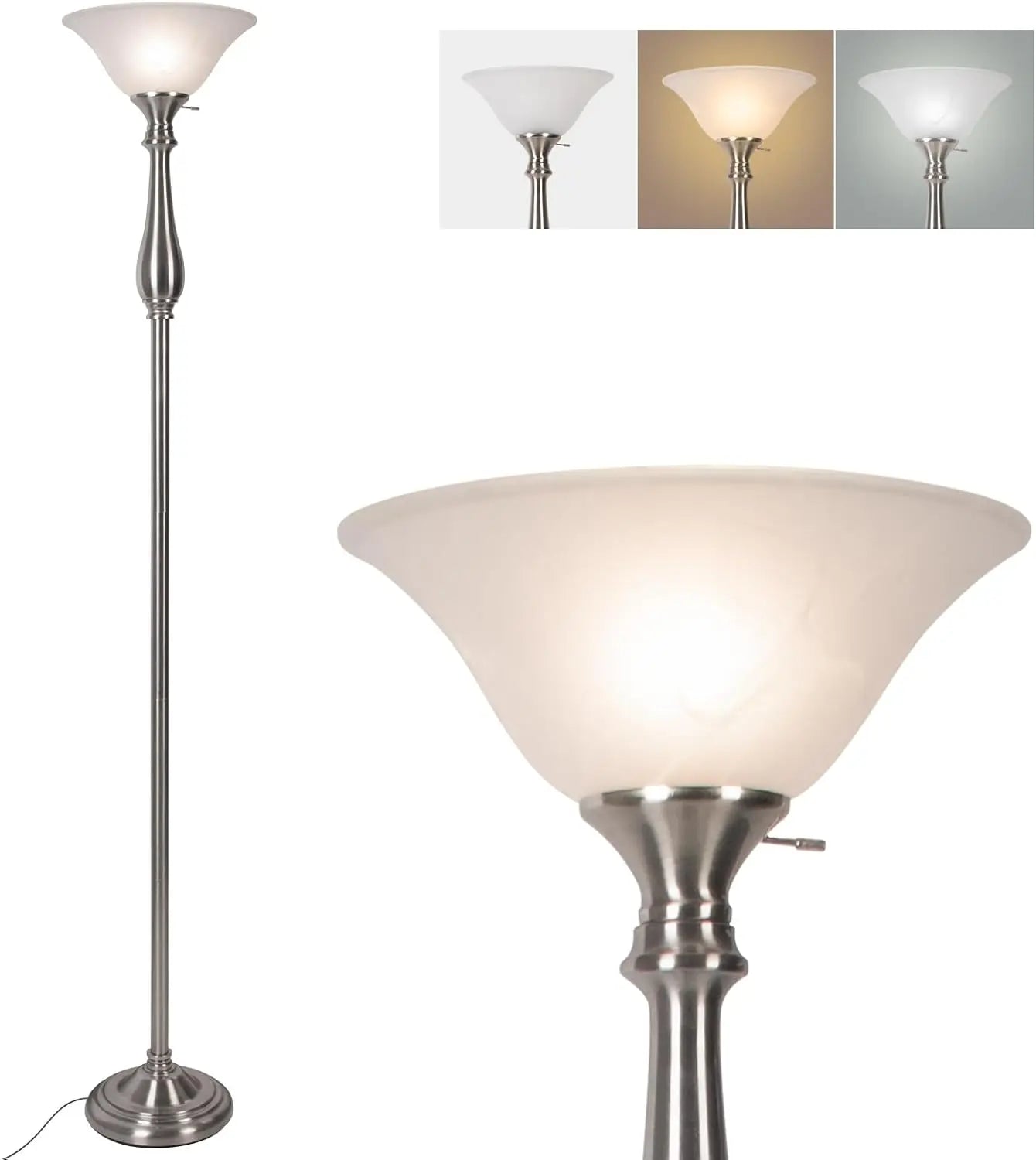 Torchiere Floor Lamp, White Alabaster Glass Shade
