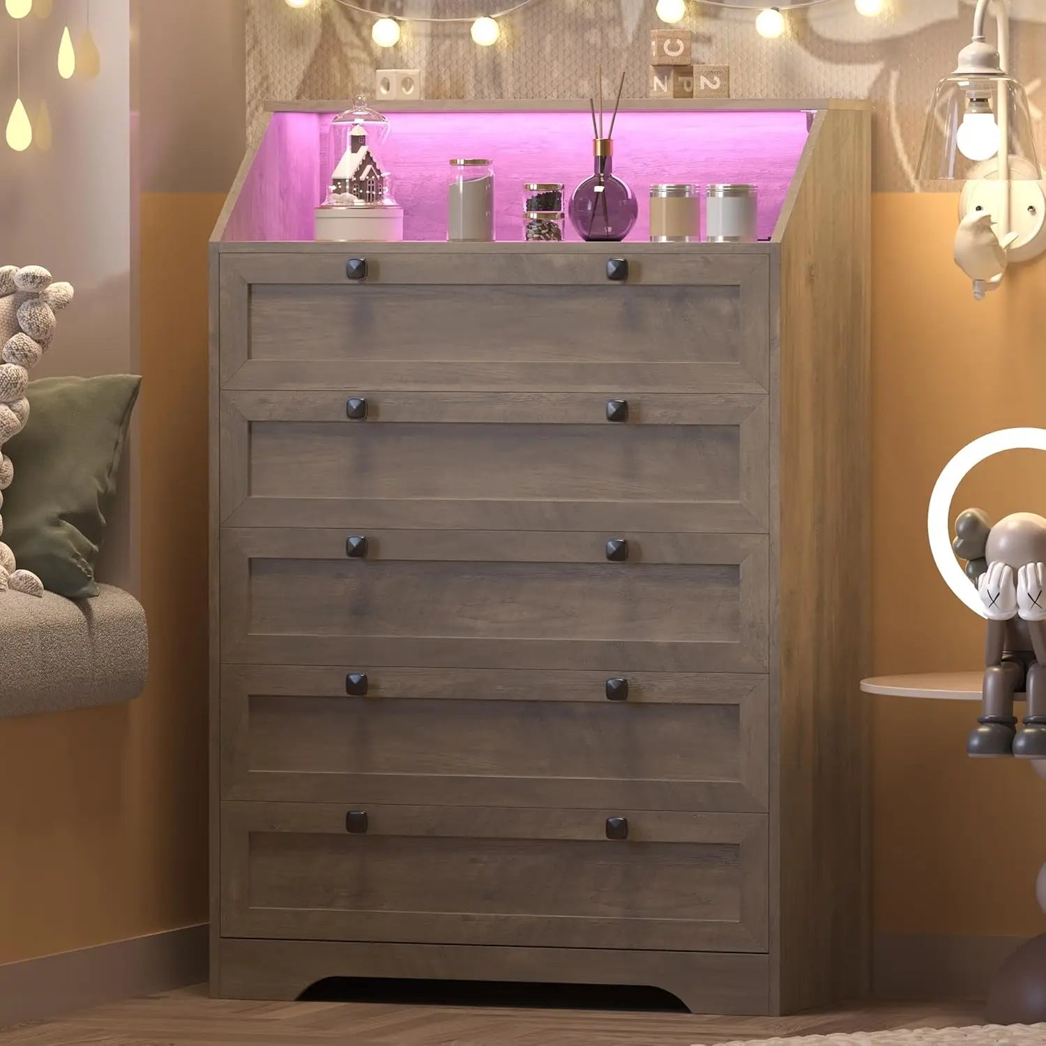 Wood Chest of Drawers with LED Lights, Charging Station