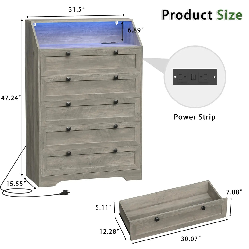 Wood Chest of Drawers with LED Lights, Charging Station