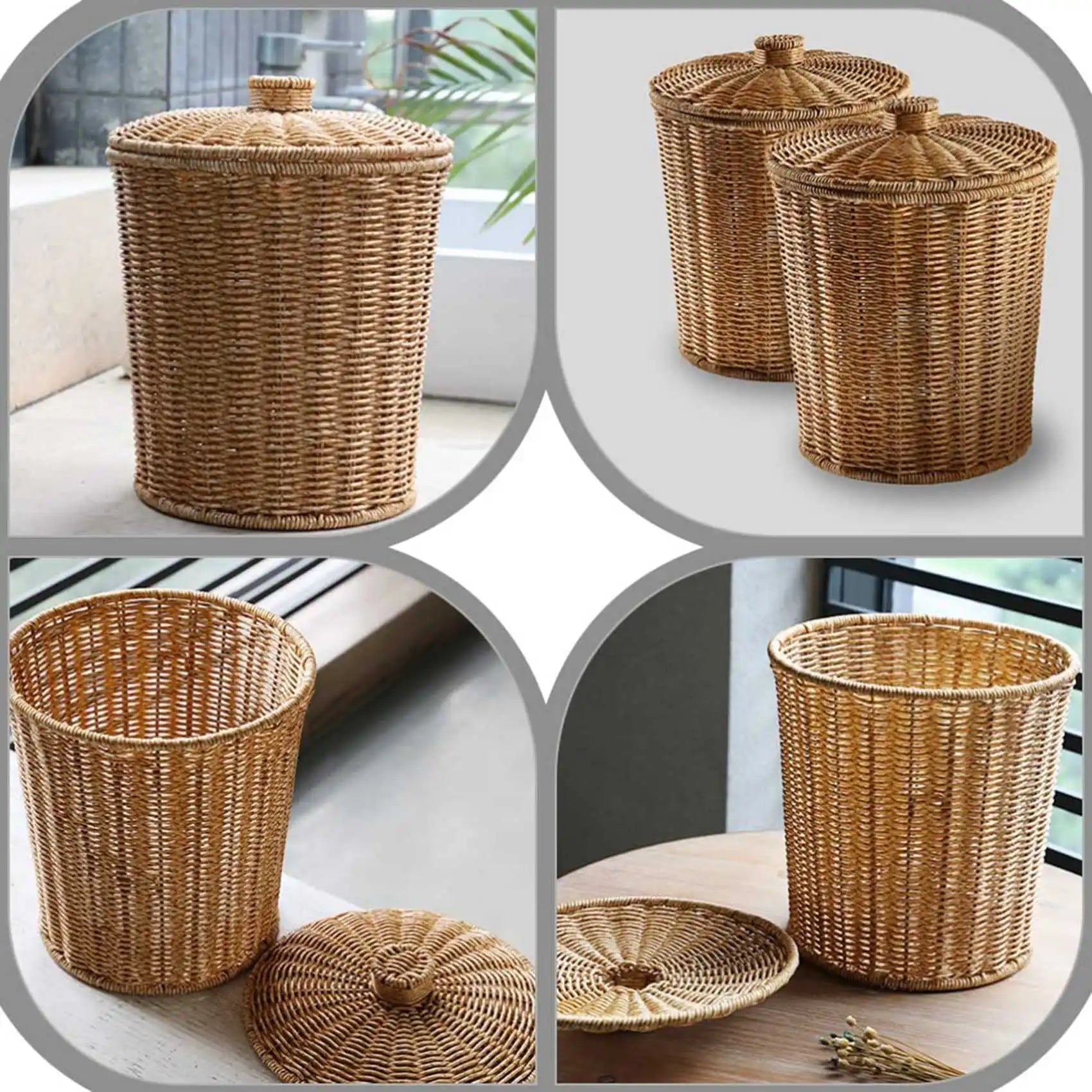 Woven Basket Trash Can Round Rattan