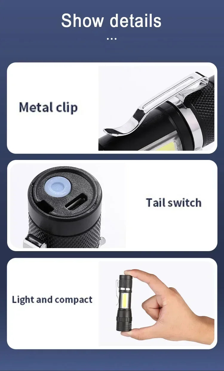Mini Portable Flashlight Zoomable Rechargeable