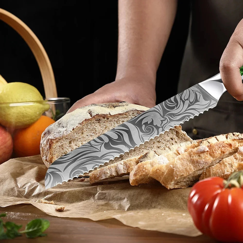 Damascus patterned knife set