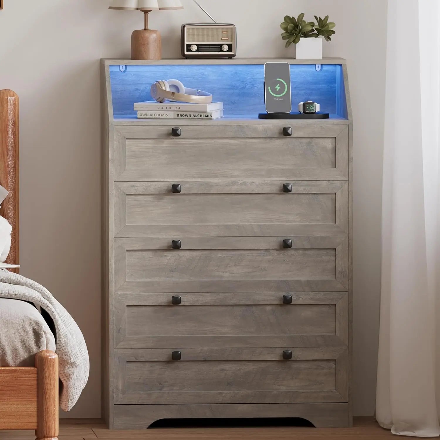 Wood Chest of Drawers with LED Lights, Charging Station