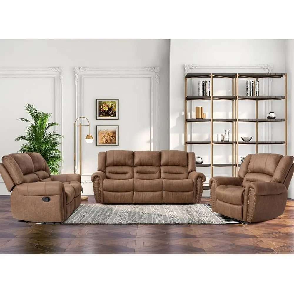 Nut Brown Leather 3-Seat Reclining Sofa