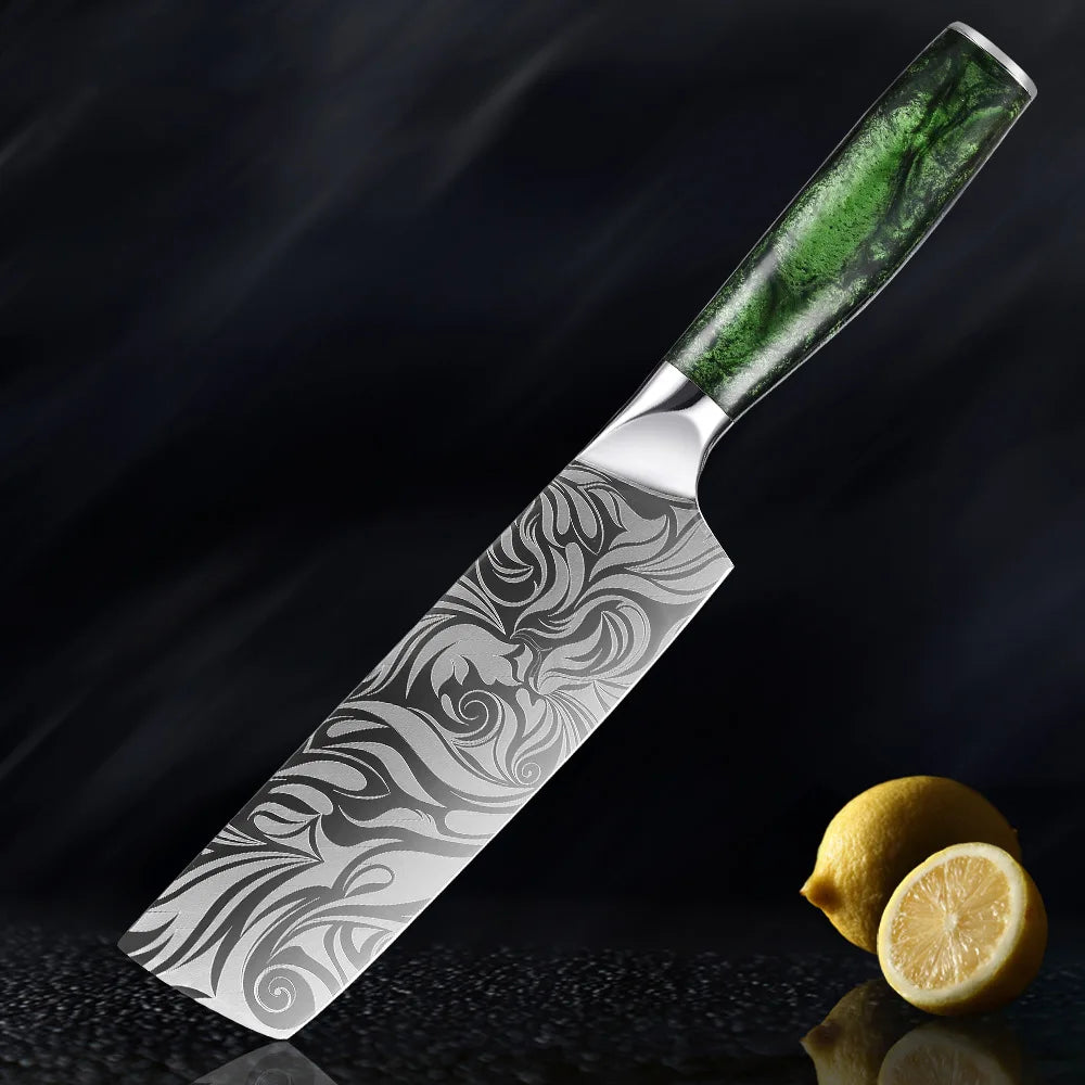 Damascus patterned knife set